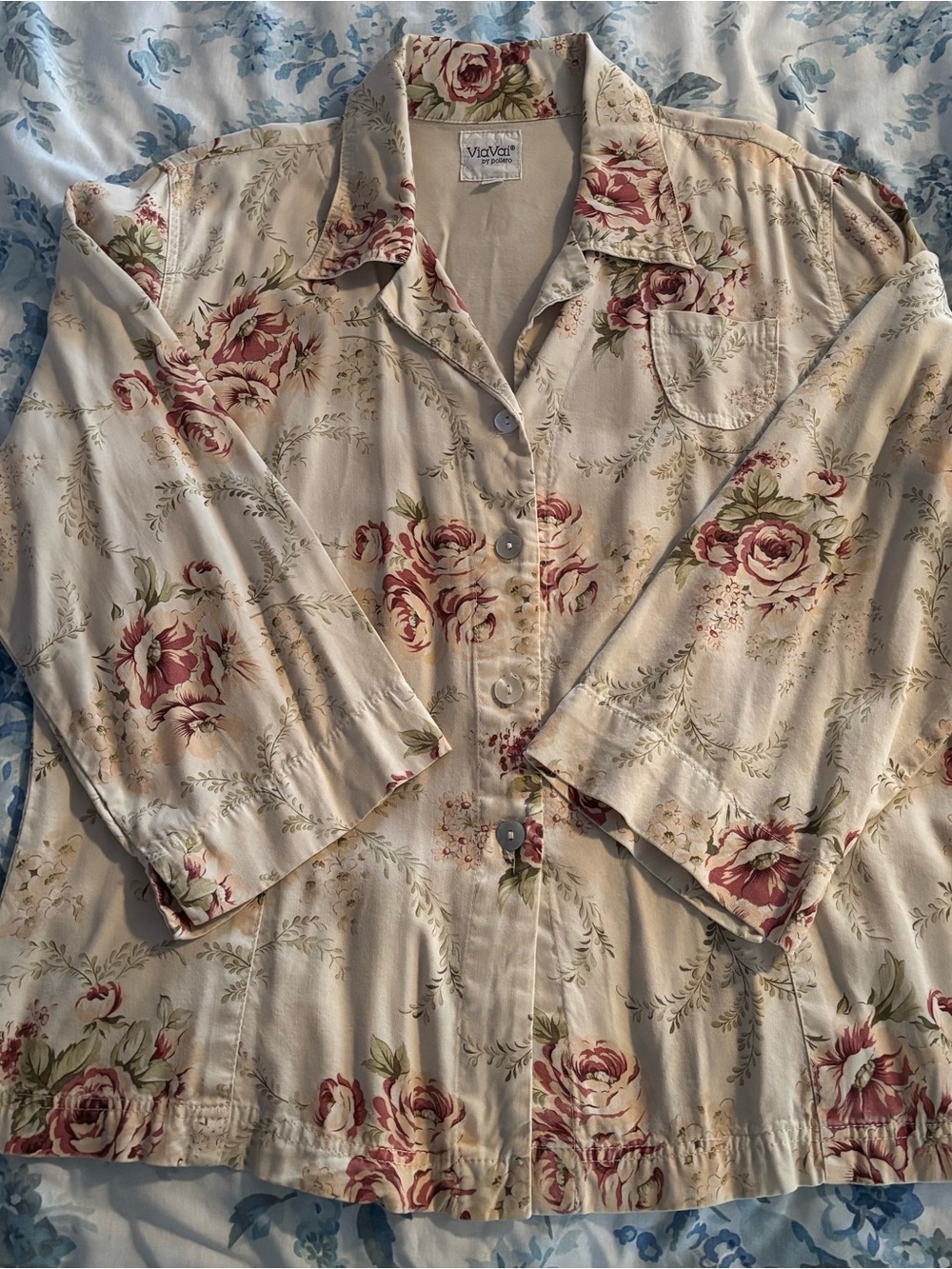 VTG Via Vai by Pollero Floral Blouse Top XL Cottagecore Rose Print